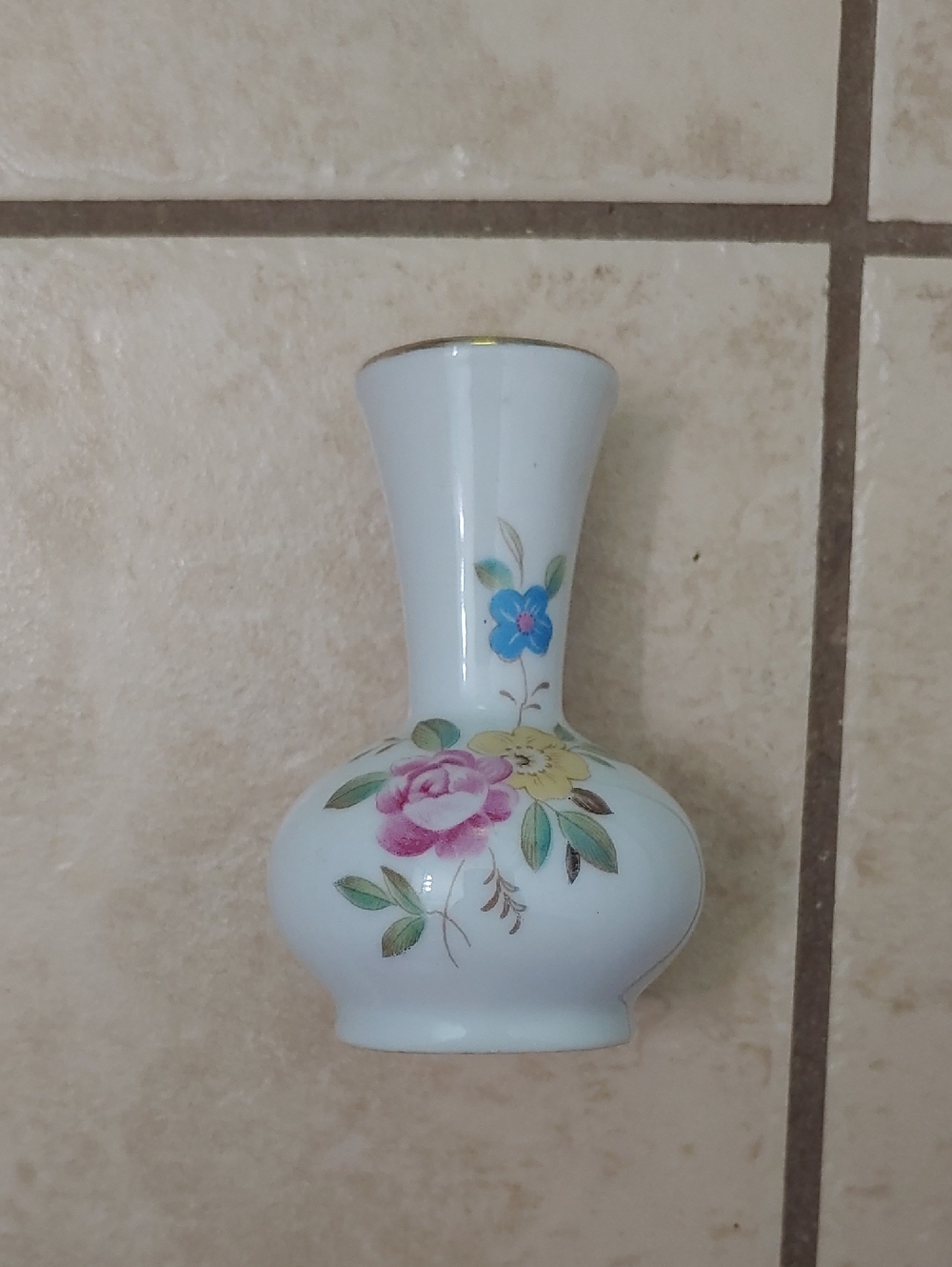 Vintage White Floral Porcelain Bud Vase with Gold Trim Blue Pink Yellow Flowers